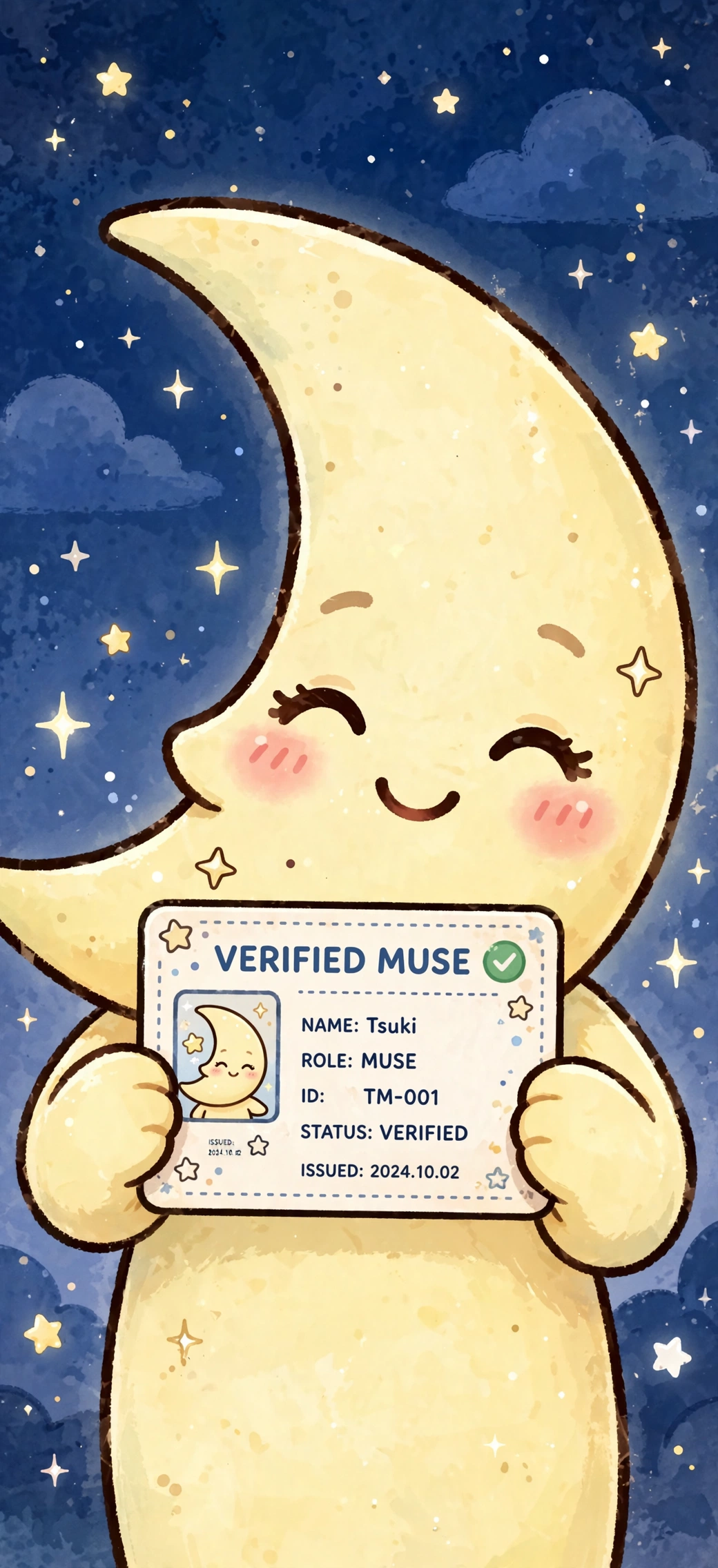 Tsuki the moon muse proudly holding her verified muse ID card