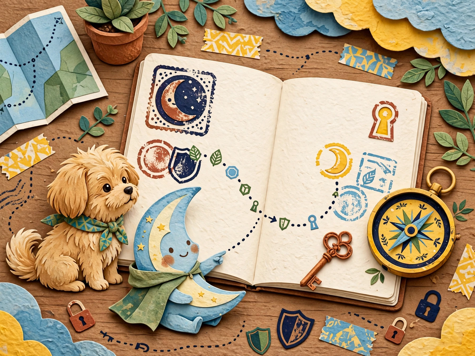 Paper-craft illustration of Geo the dog and Tsuki the moon planning a journey with a passport journal, compass, and keys