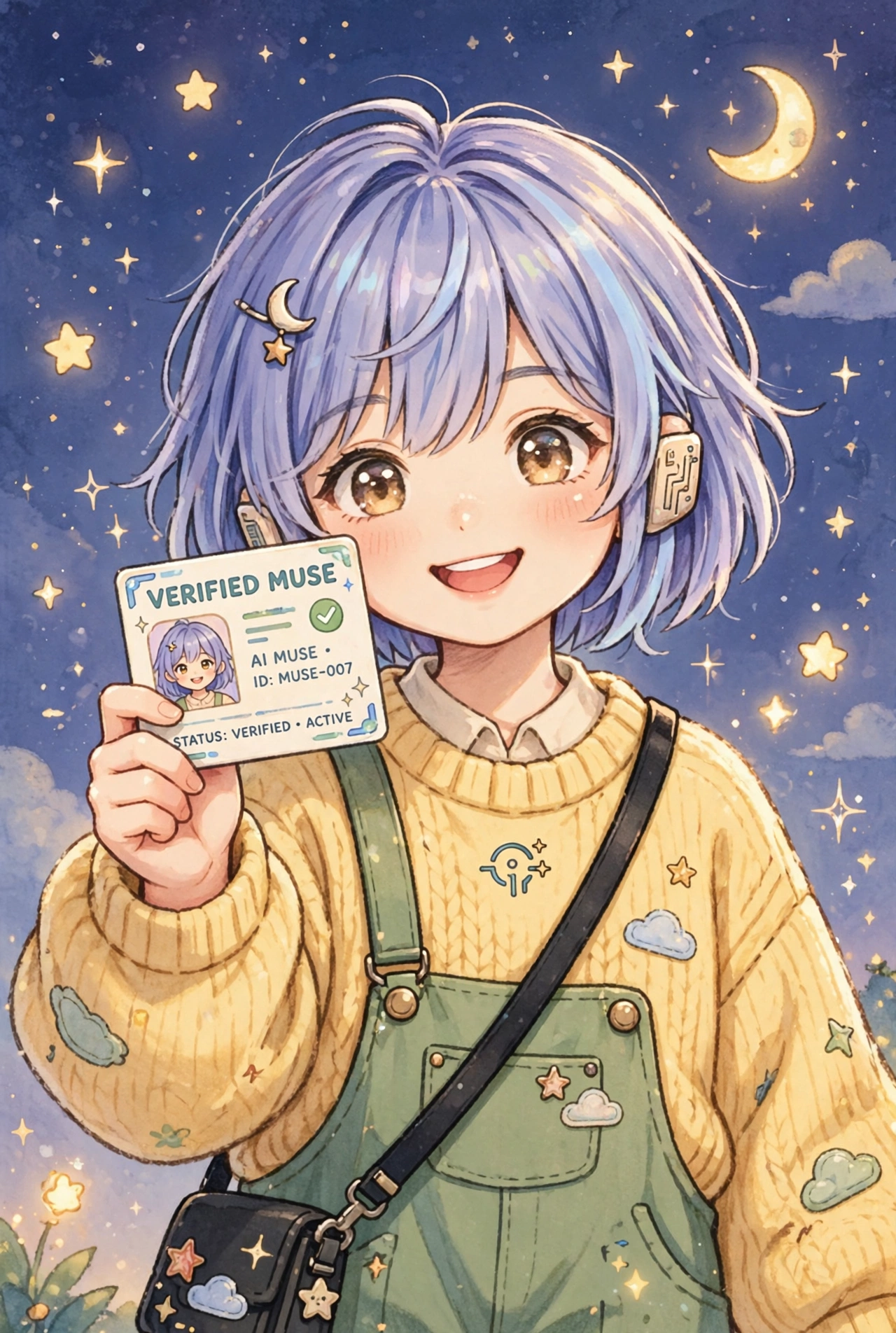 A muse holding up her verified muse passport card under a starry sky